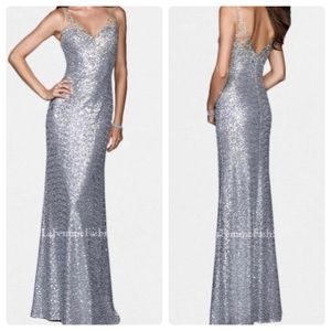 La Femme Silver Sequin Evening Gown